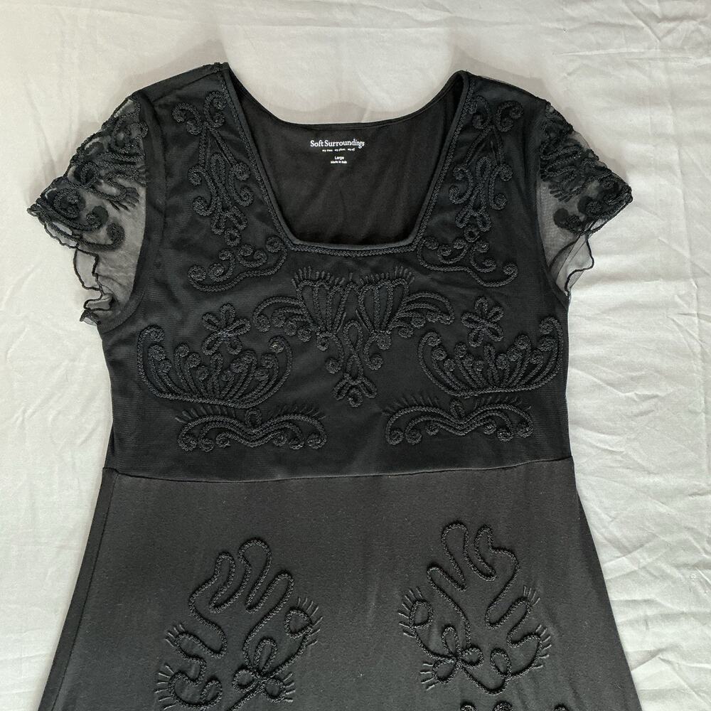 Soft Surroundings Black Dress Raised Embroidery Flutter Lace Sleeves Size Large - Picture 4 of 11